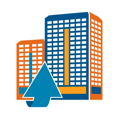 Buildings and arrows composition with colorful icon of modern business center with arrow vector illustration