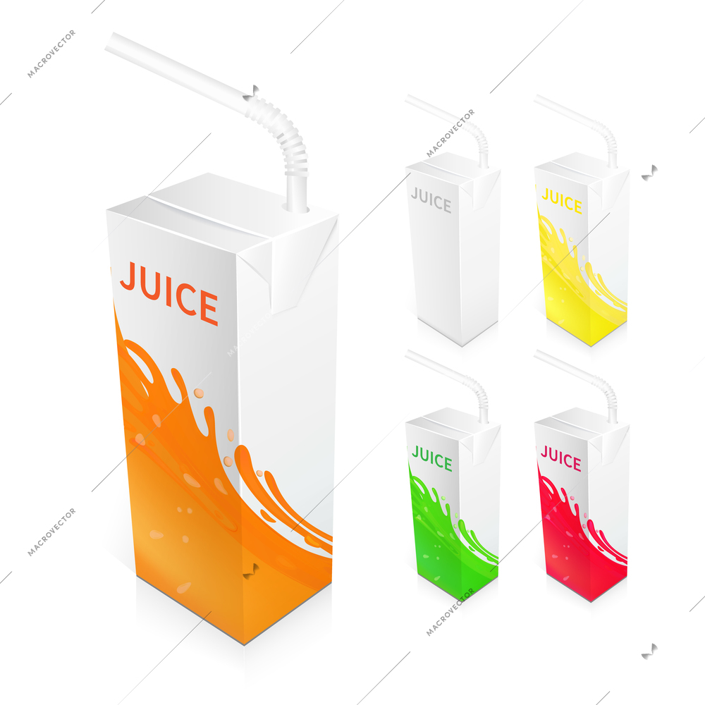 Juice box packages 3d realistic blank and colored set isolated vector illustration