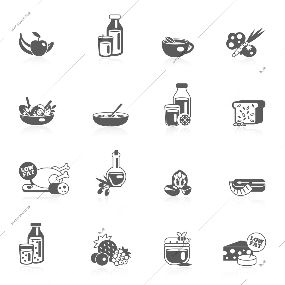 Healthy eating black icons set with fruits nuts tea vegetables isolated vector illustration