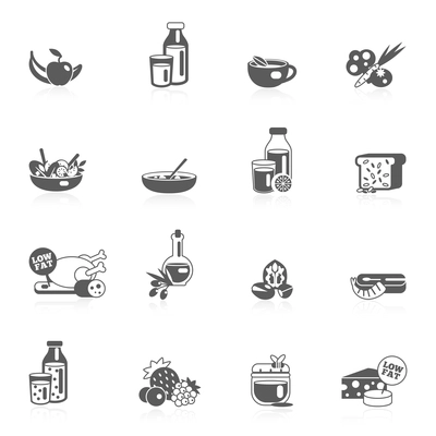 Healthy eating black icons set with fruits nuts tea vegetables isolated vector illustration