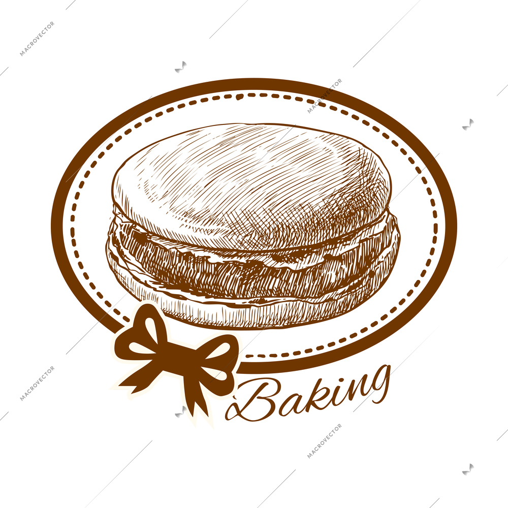 Pastry label composition with baked food emblem with frames ribbons and text vector illustration