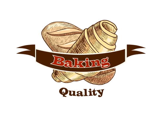 Pastry label composition with baked food emblem with frames ribbons and text vector illustration