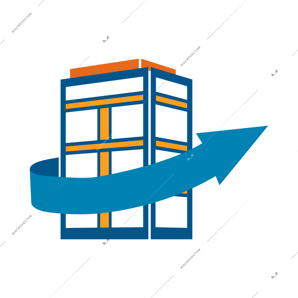 Buildings and arrows composition with colorful icon of modern business center with arrow vector illustration