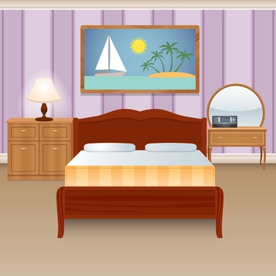 Bed room interior house apartment with furniture wardrobe decor poster vector illustration