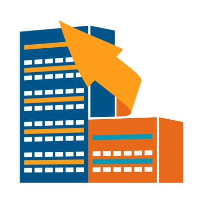 Buildings and arrows composition with colorful icon of modern business center with arrow vector illustration