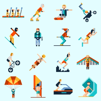 Extreme sports decorative icons set with pixel avatar people rowing skiing sailing isolated vector illustration