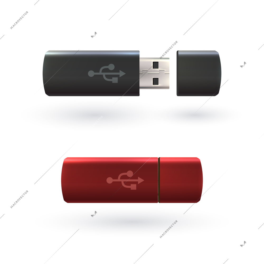 Red and black USB flash drives 3d realistic objects isolated on white background vector illustration