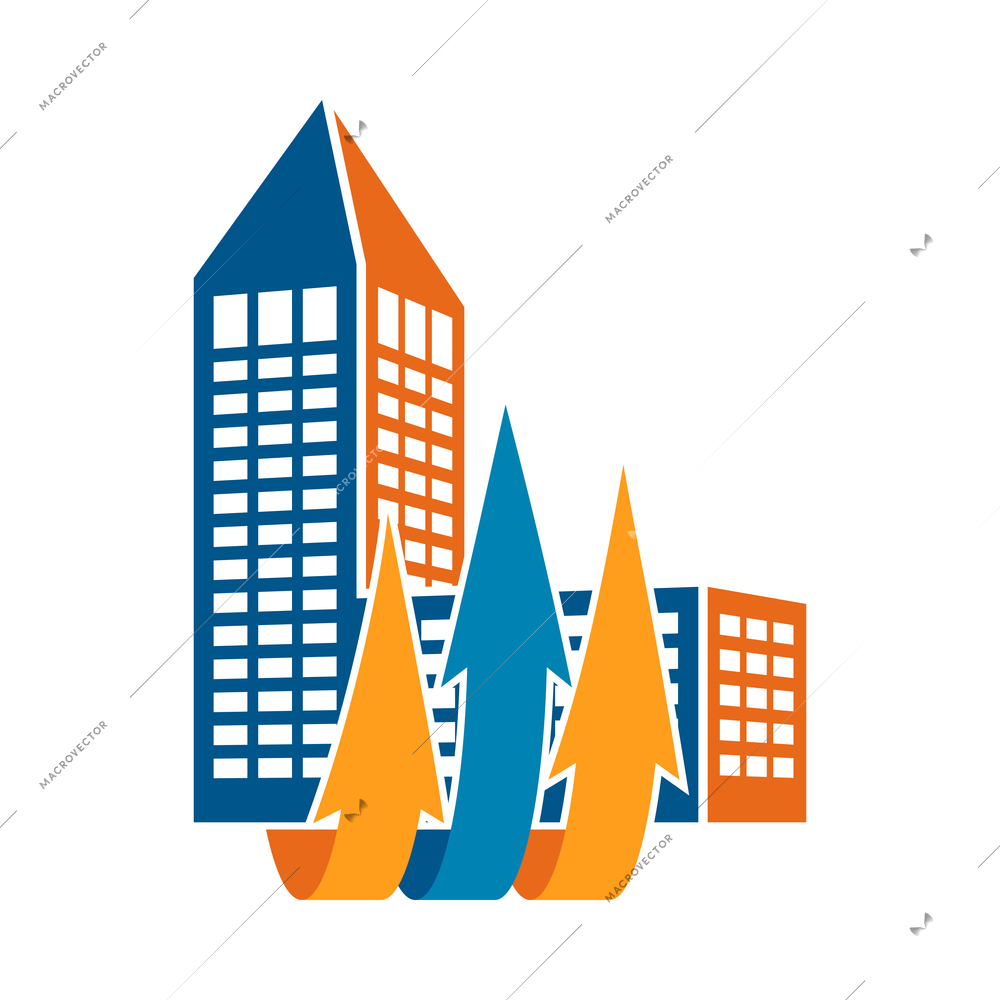 Buildings and arrows composition with colorful icon of modern business center with arrow vector illustration