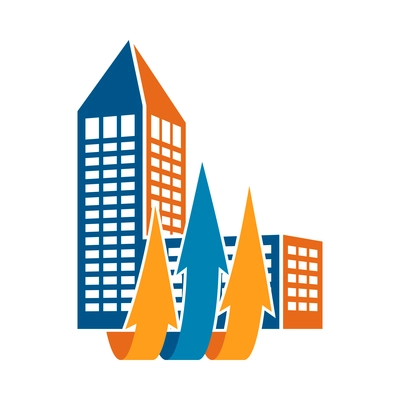 Buildings and arrows composition with colorful icon of modern business center with arrow vector illustration