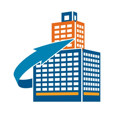 Buildings and arrows composition with colorful icon of modern business center with arrow vector illustration