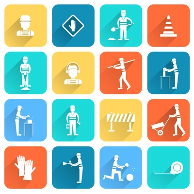 Road contractor street workers flat white icons set with isolated vector illustration