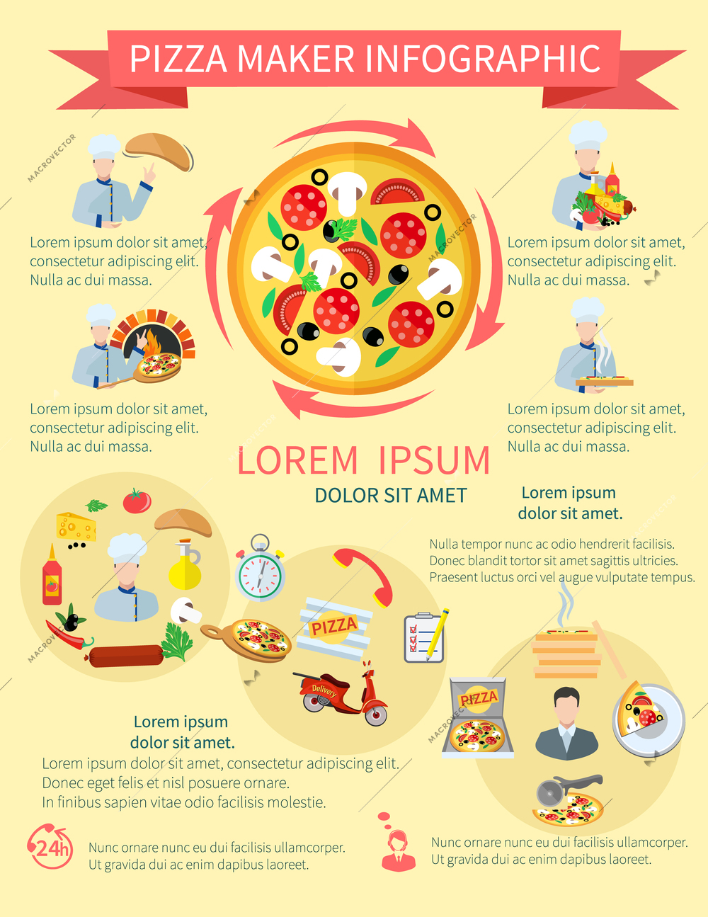 Fast food pizza maker perfect service pizzeria fresh ingredients infographics set vector illustration