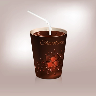 Paper cup hot chocolate coffee packaging with drinking straw isolated vector illustration