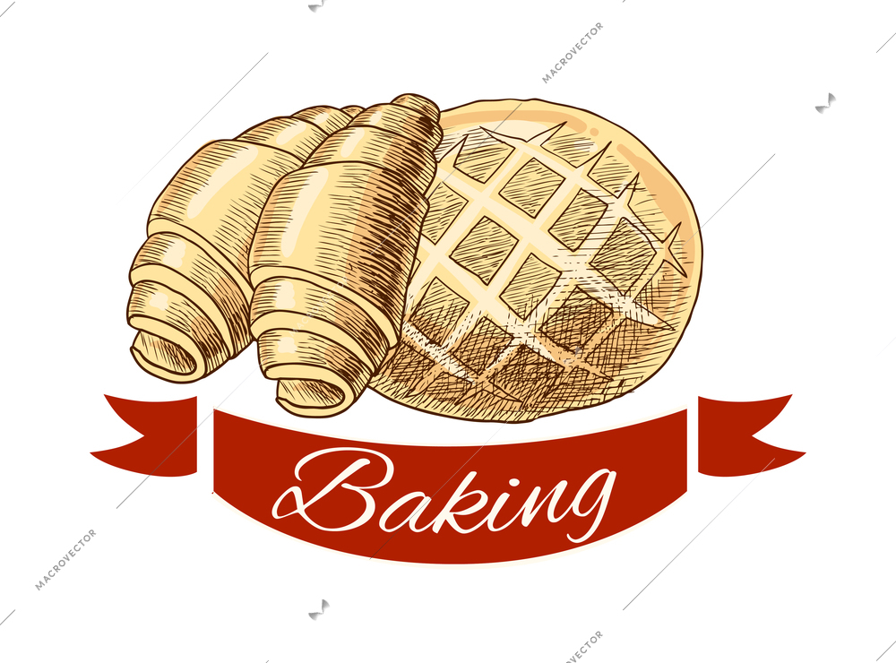 Pastry label composition with baked food emblem with frames ribbons and text vector illustration