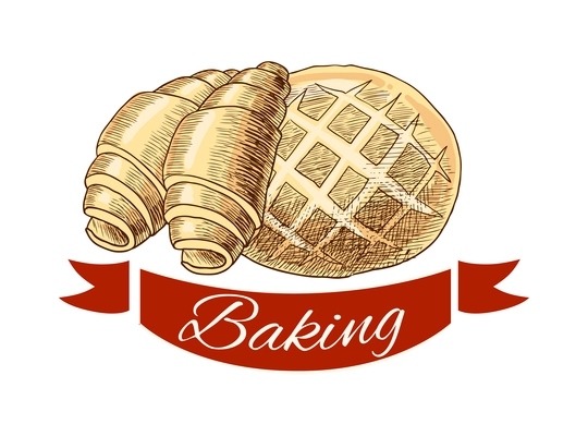 Pastry label composition with baked food emblem with frames ribbons and text vector illustration