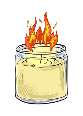 Candle composition with isolated sketch style icon of burning wax flame on blank background vector illustration