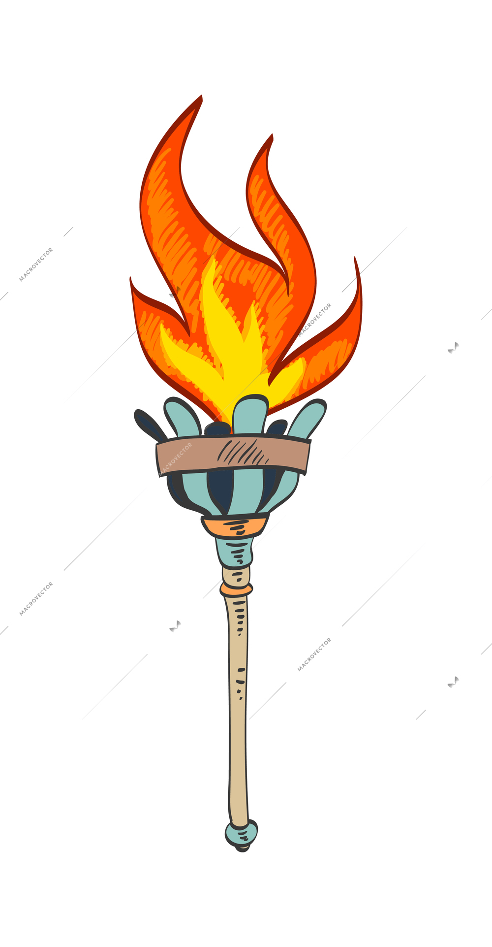 Torch composition with isolated sketch style icon of burning flame with ornate handle vector illustration