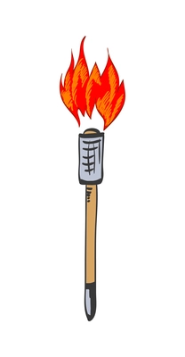 Torch composition with isolated sketch style icon of burning flame with ornate handle vector illustration