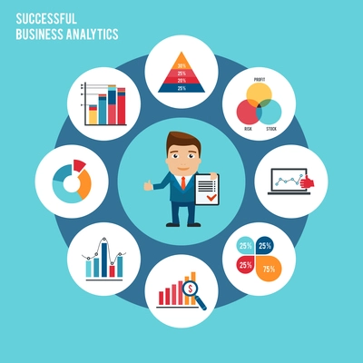 Successful business analytics concept with businessman and charts graphs and diagrams vector illustration