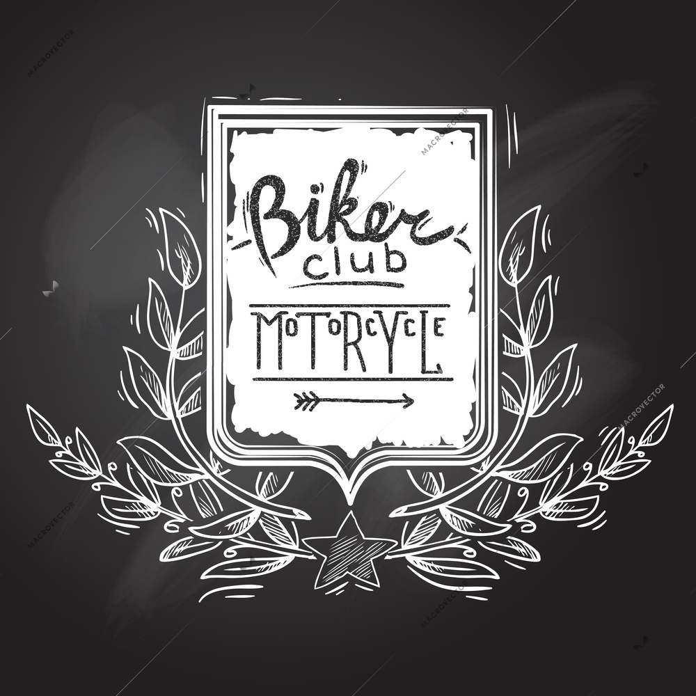 Chalkboard biker club motorcycle emblem with shield star and wreath vector illustration