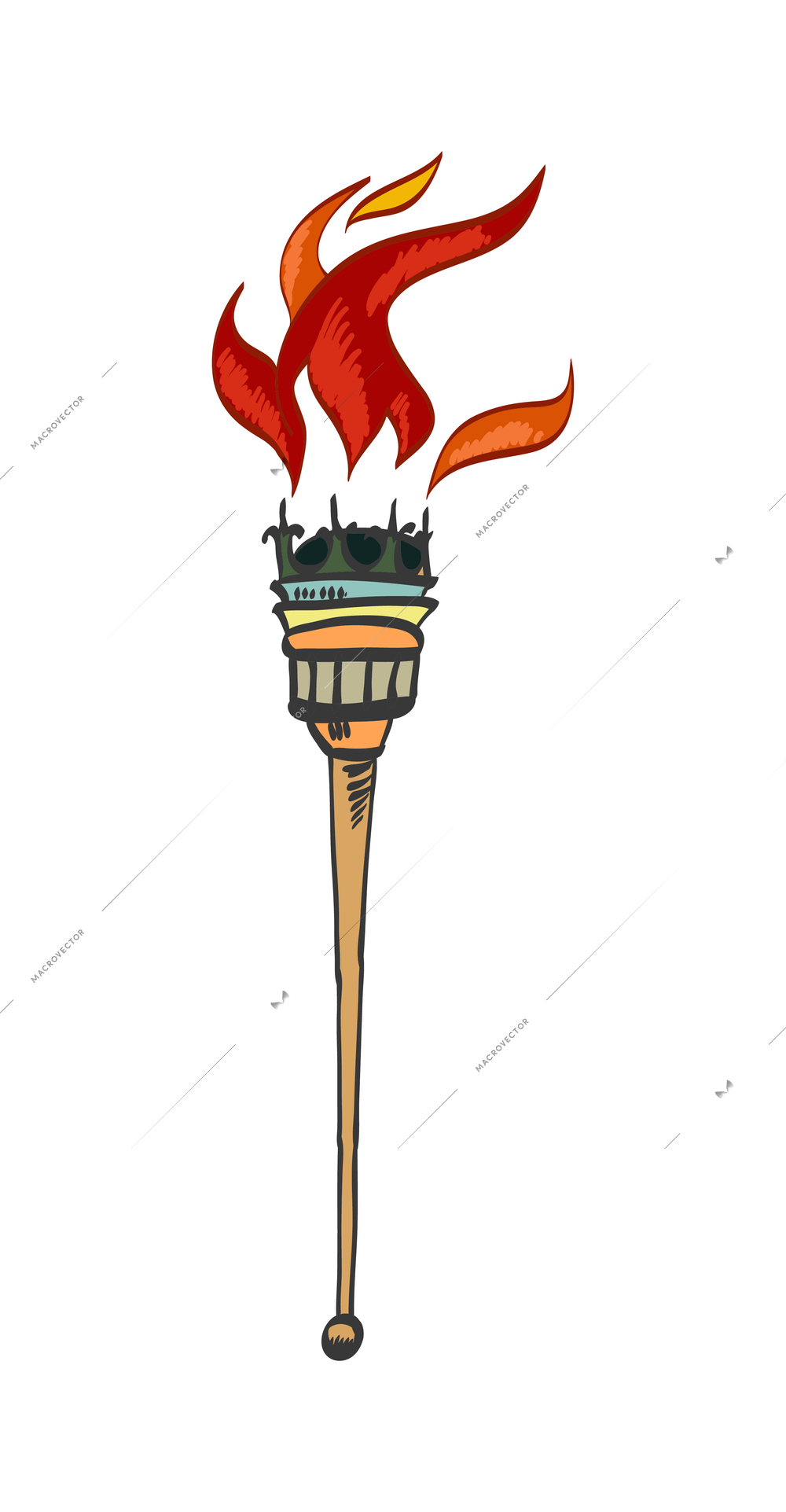 Torch composition with isolated sketch style icon of burning flame with ornate handle vector illustration