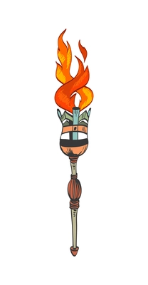 Torch composition with isolated sketch style icon of burning flame with ornate handle vector illustration