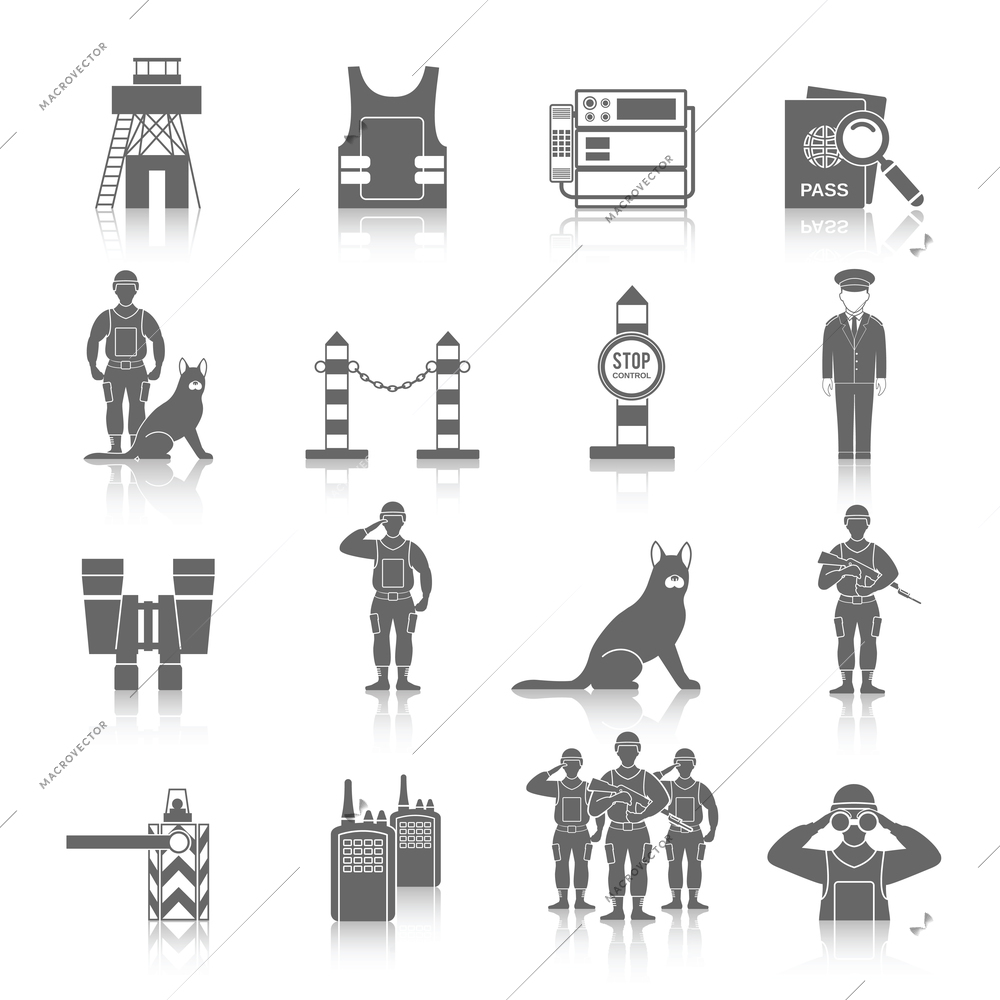 Border guard icon black set with frontier inspection security check isolated vector illustration