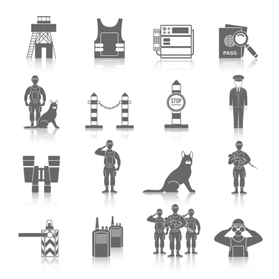 Border guard icon black set with frontier inspection security check isolated vector illustration