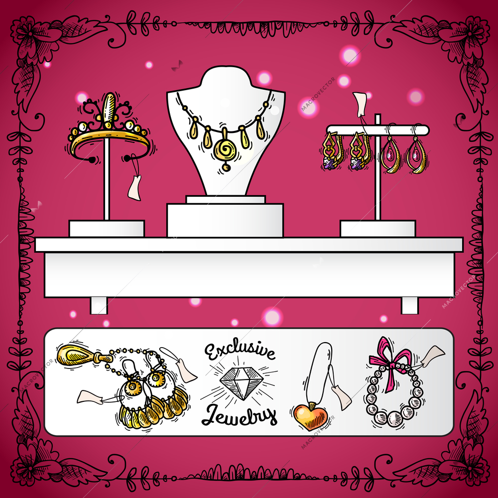 Jewelry shop display with exclusive sketch luxury wedding accessories vector illustration