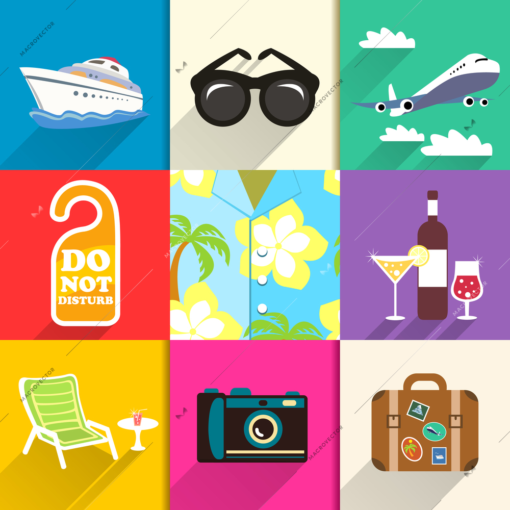 Aloha shirt. Travel and vacation icons set with sunglasses yacht and beach chair vector illustration