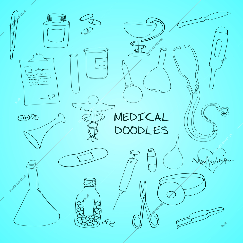 First aid bandage kit medical drugs pills syringe outline pictograms collection abstract outline doodle sketch vector illustration