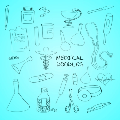 First aid bandage kit medical drugs pills syringe outline pictograms collection abstract outline doodle sketch vector illustration