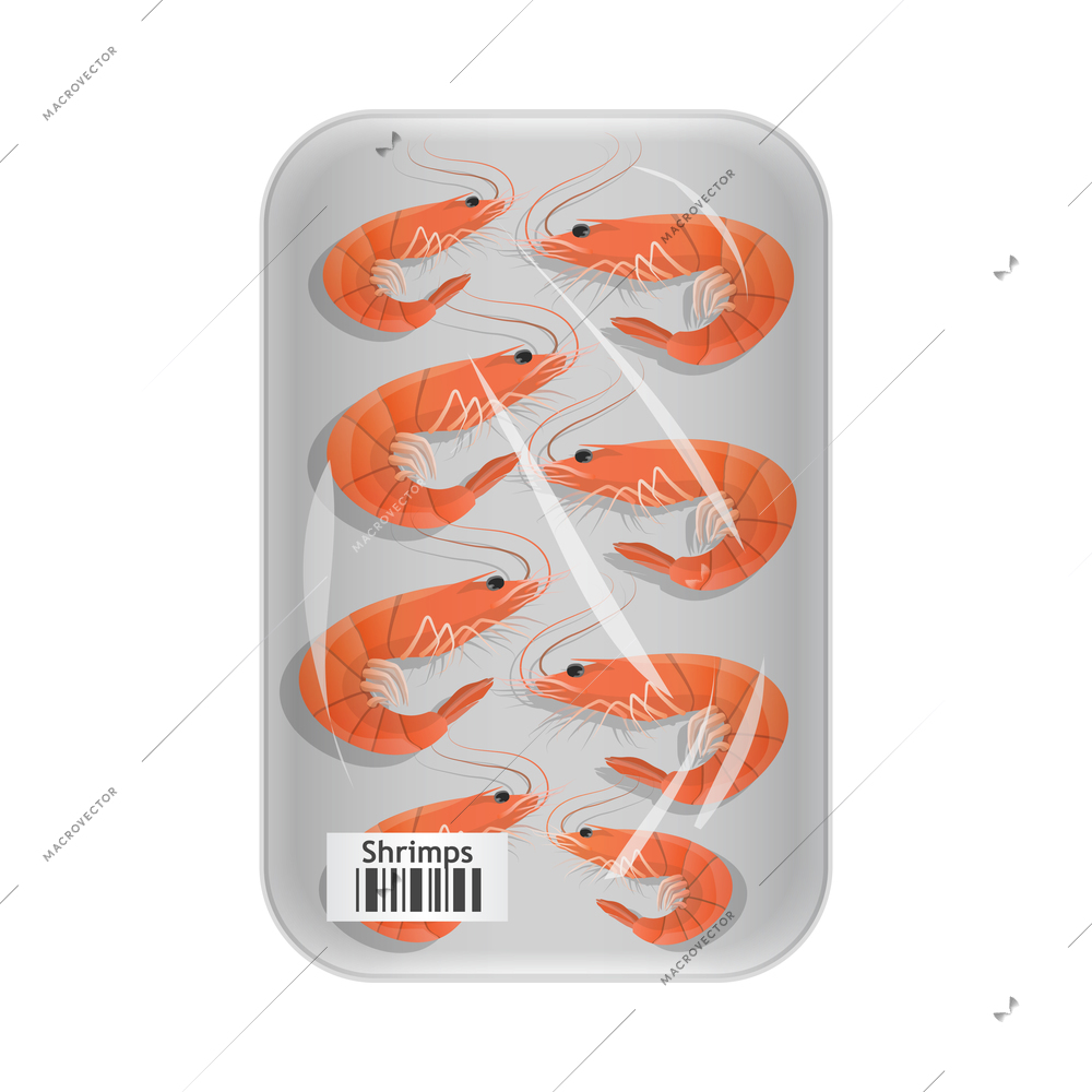 Supermarket fish and meat composition with frozen fresh package with barcode on blank background vector illustration