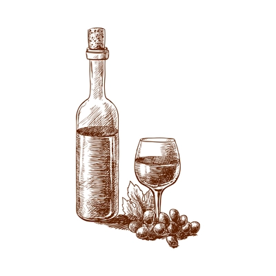 Wine sketch composition with vintage hand drawn style monochrome image vector illustration