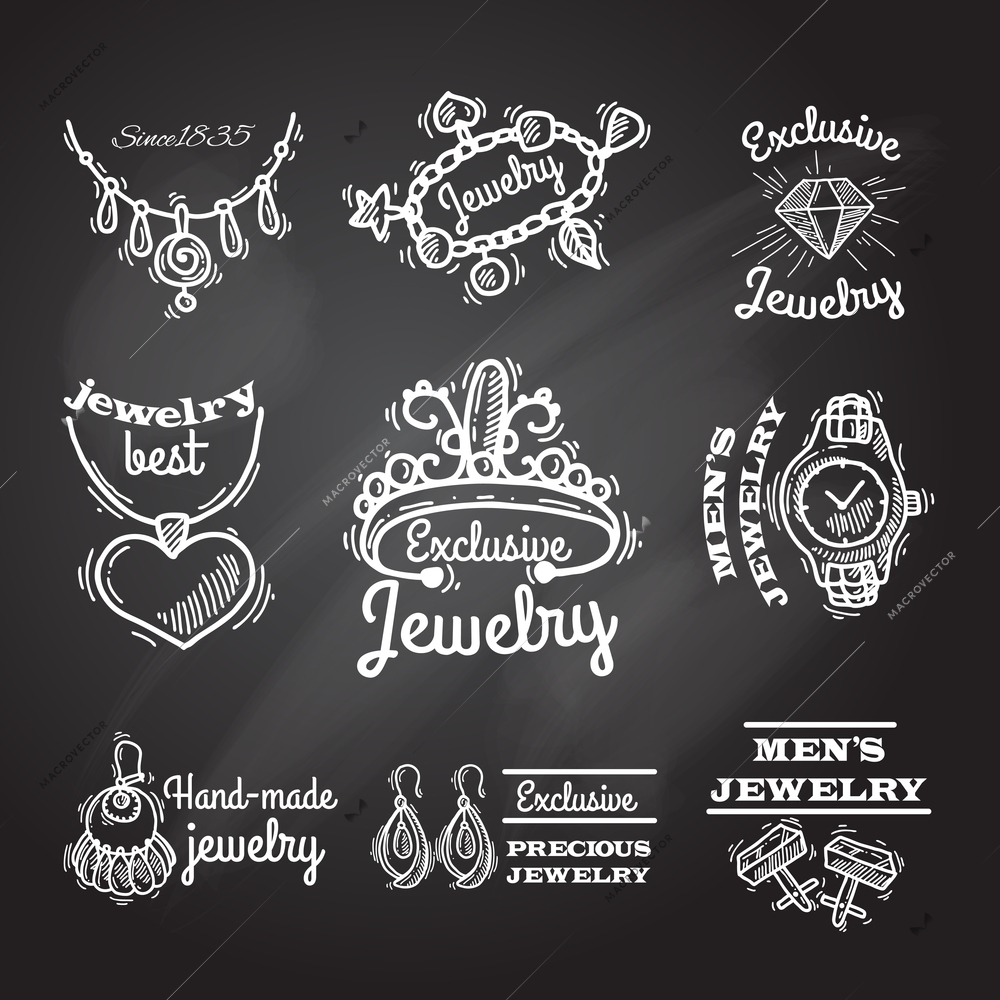 Jewelry chalkboard emblems with cuff links watches bracelets rings set isolated vector illustration