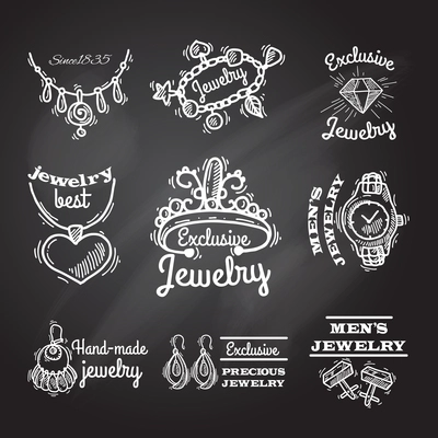 Jewelry chalkboard emblems with cuff links watches bracelets rings set isolated vector illustration