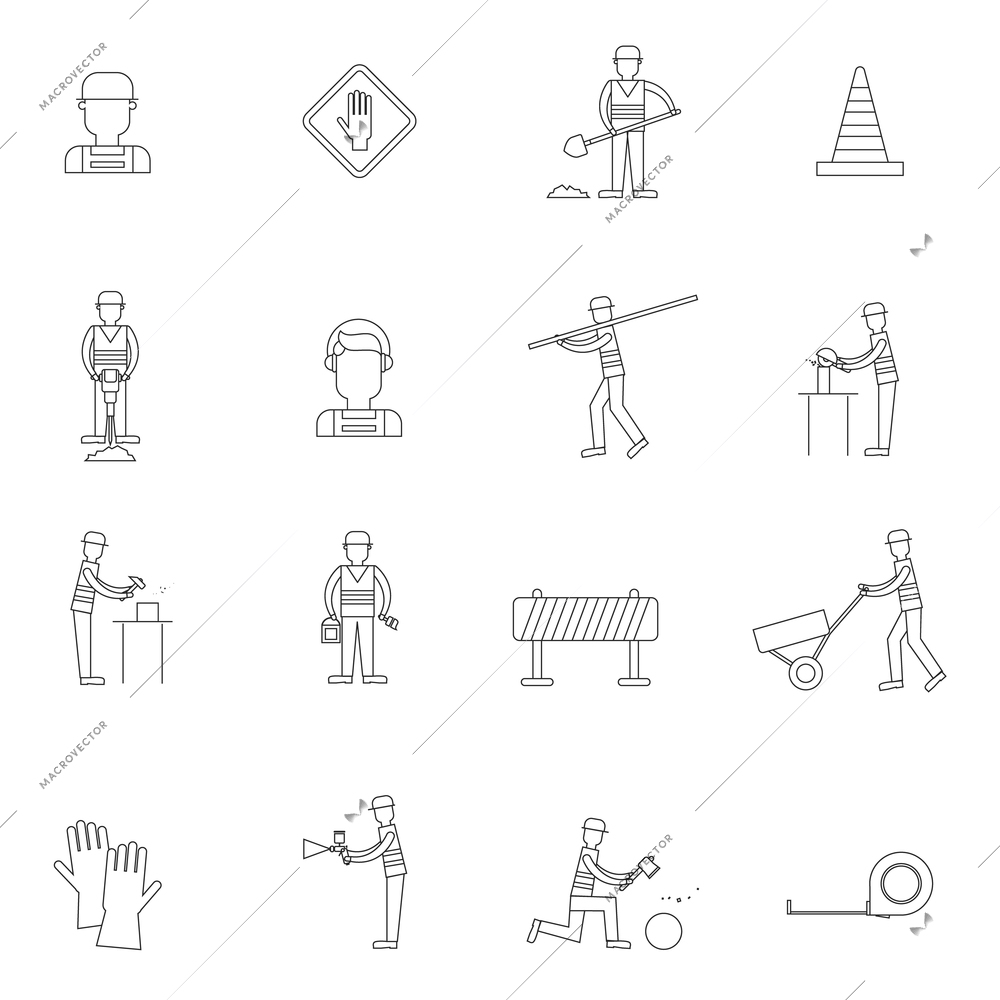 Road contractor street workers with shovel brush helmet outline icons set with isolated vector illustration