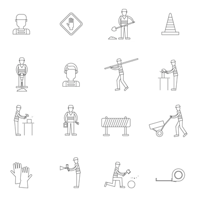 Road contractor street workers with shovel brush helmet outline icons set with isolated vector illustration