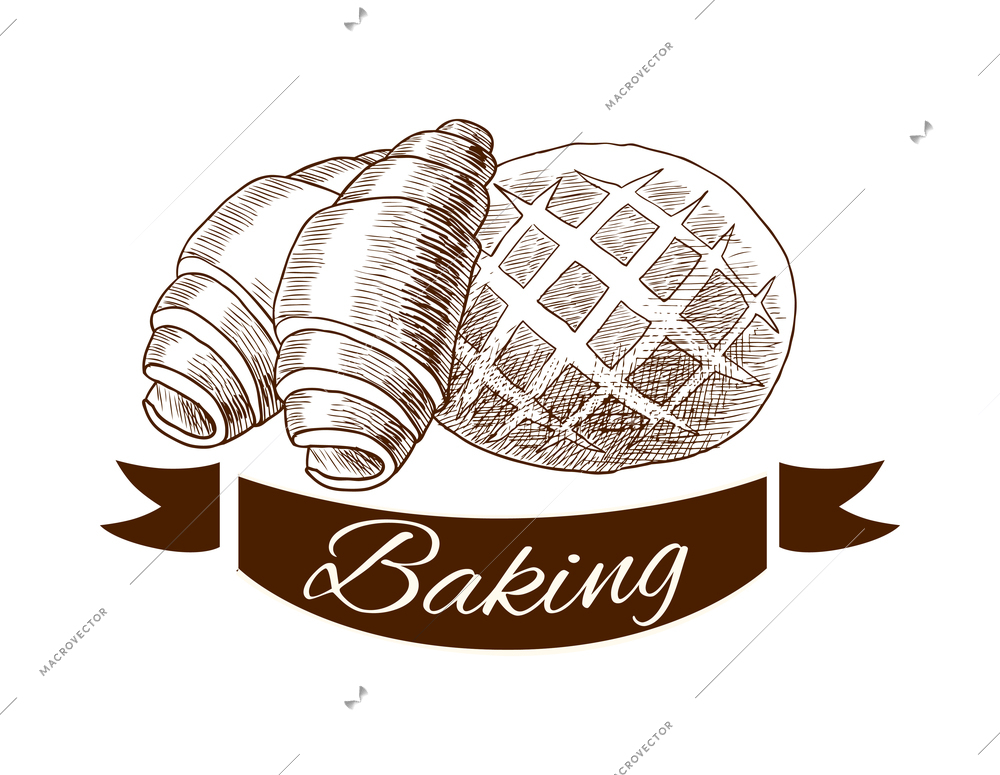 Pastry label composition with sketch style baked food emblem with text vector illustration