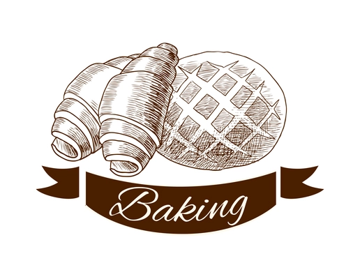 Pastry label composition with sketch style baked food emblem with text vector illustration