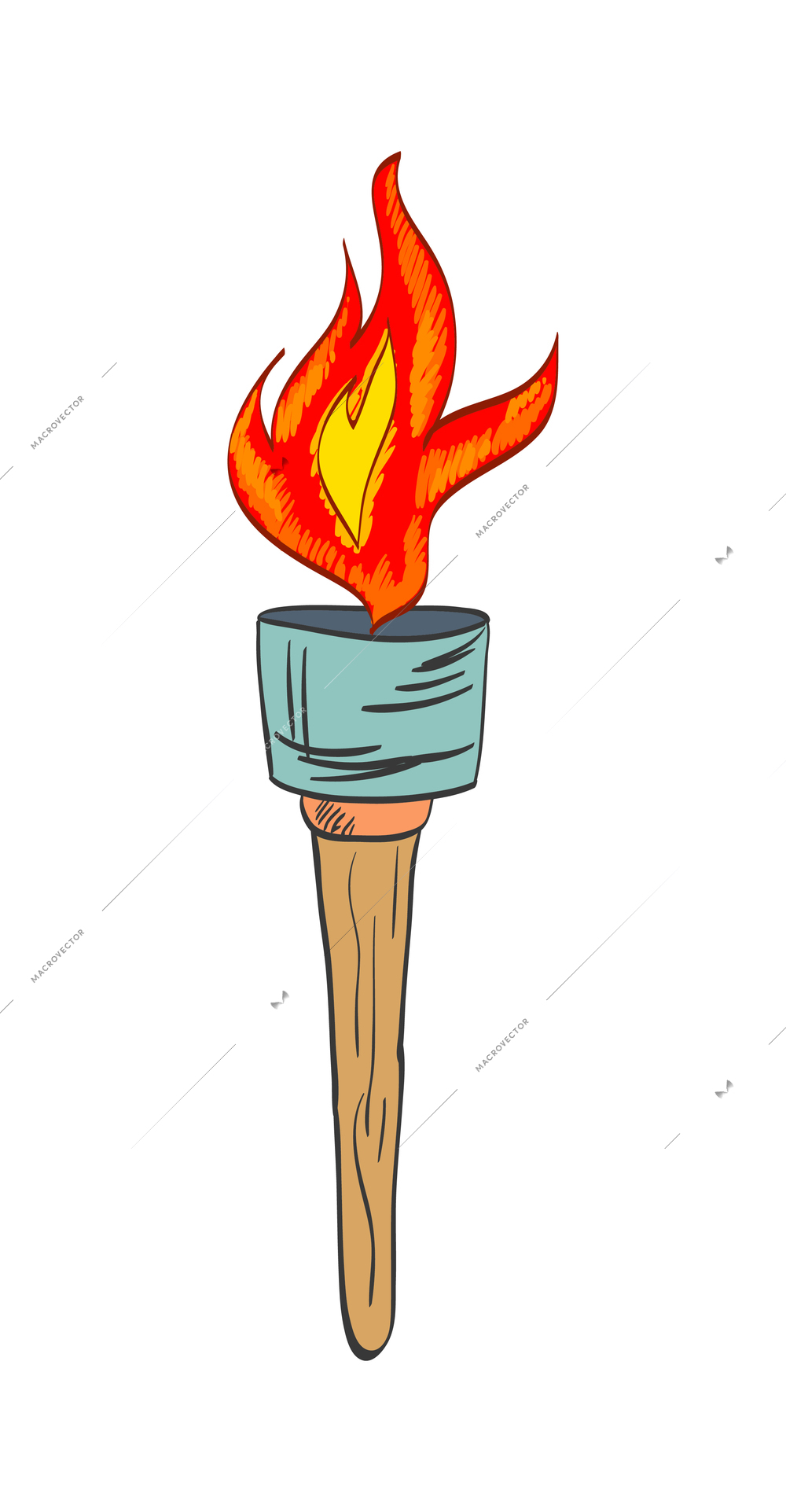 Torch composition with isolated sketch style icon of burning flame with ornate handle vector illustration