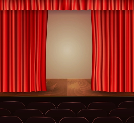 Theater stage with seats wooden floor and red velvet open retro style curtain background vector illustration