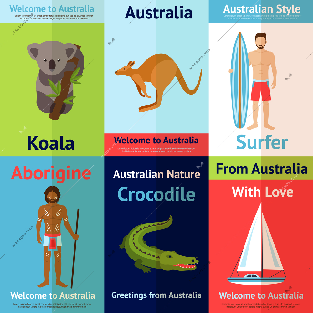 Australia mini poster set with koala surfer crocodile isolated vector illustration