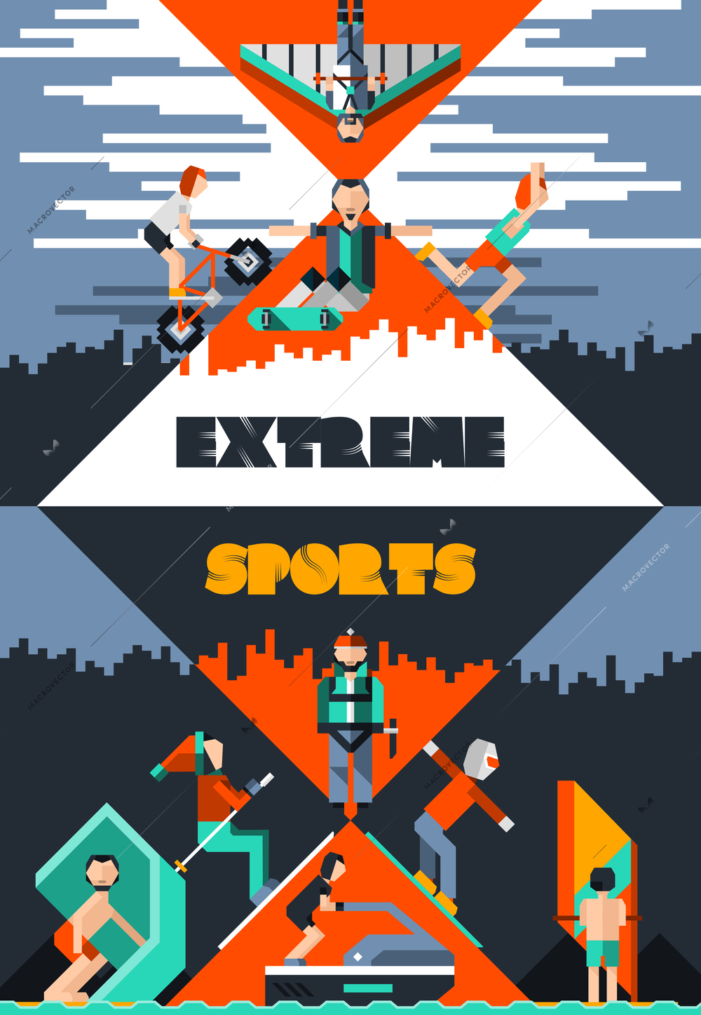 Extreme sports poster with pixel people avatars ground water and air activities vector illustration