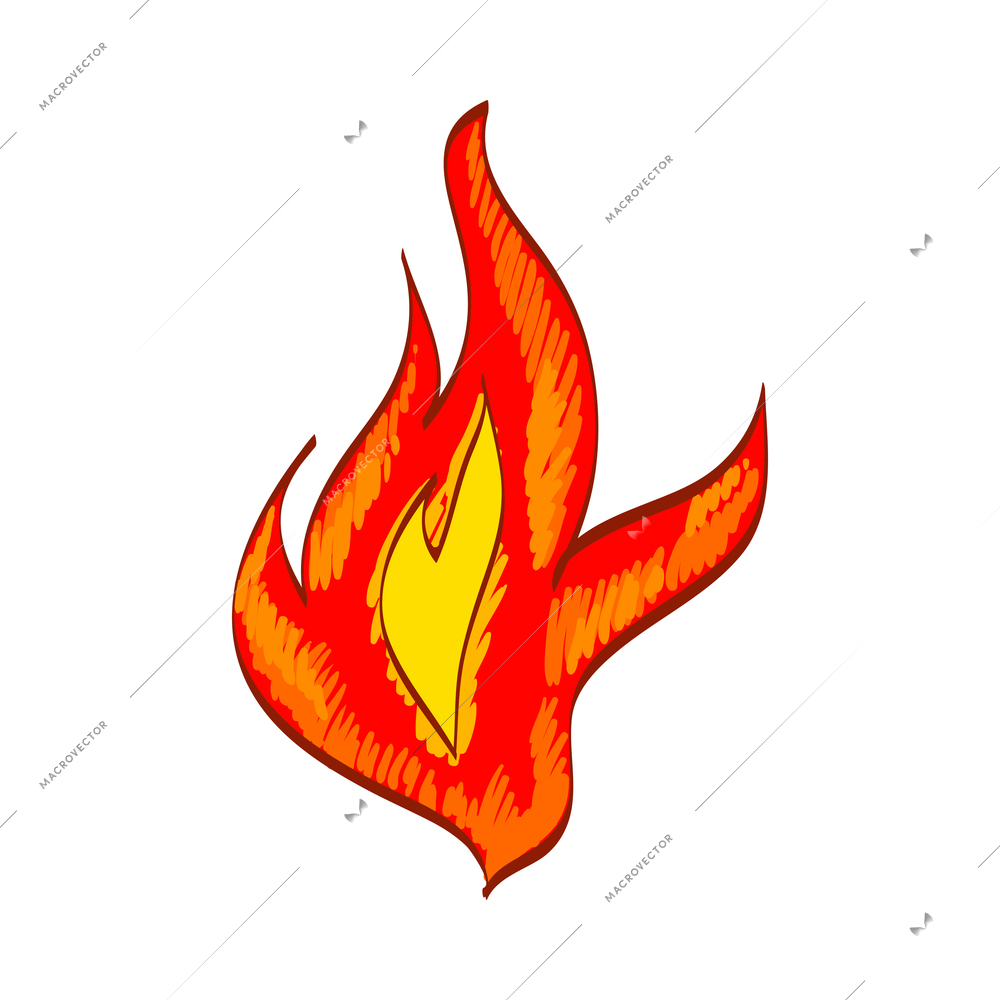 Fire composition with isolated sketch style icon of burning flame colored in red and yelow vector illustration