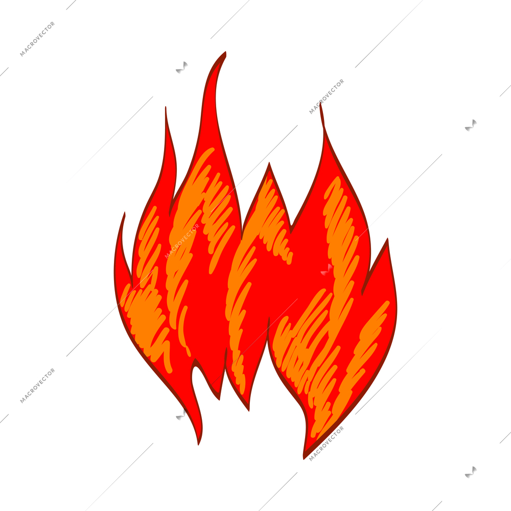 Fire composition with isolated sketch style icon of burning flame colored in red and yelow vector illustration