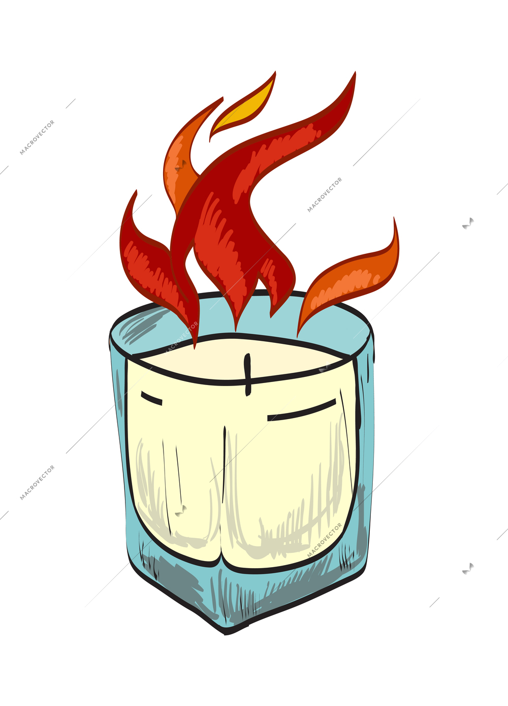 Candle composition with isolated sketch style icon of burning wax flame on blank background vector illustration