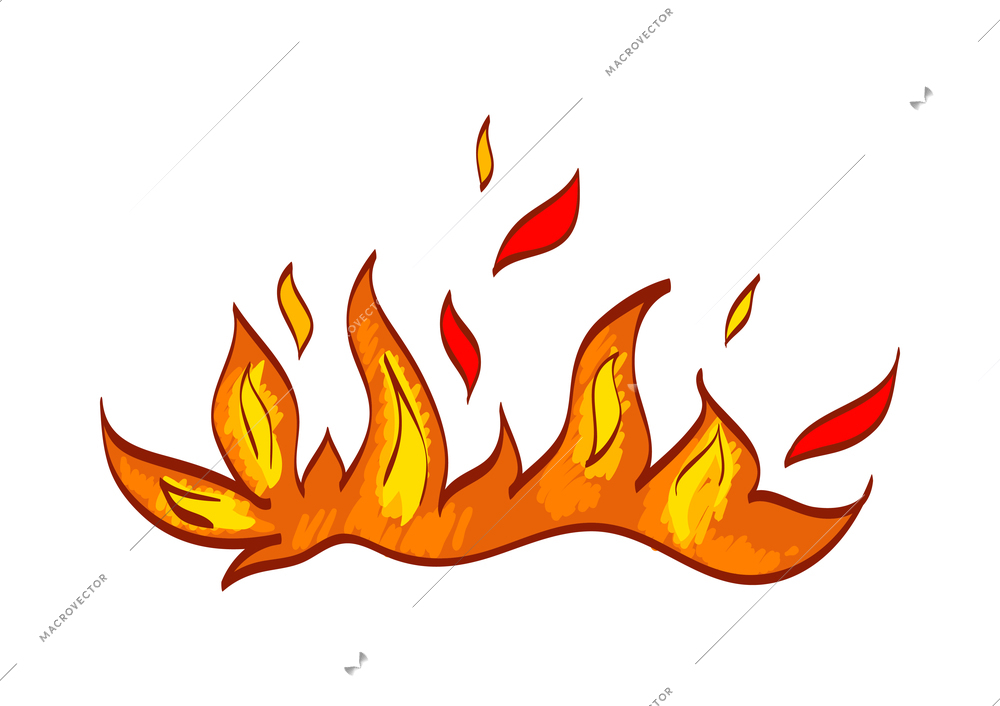 Fire composition with isolated sketch style icon of burning flame colored in red and yelow vector illustration