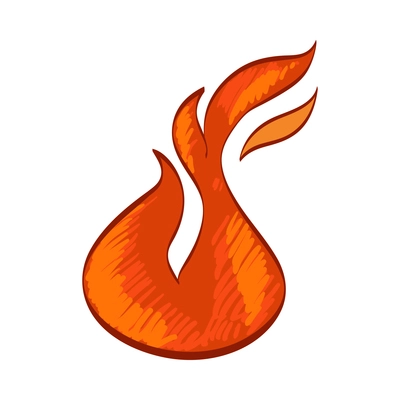 Fire composition with isolated sketch style icon of burning flame colored in red and yelow vector illustration