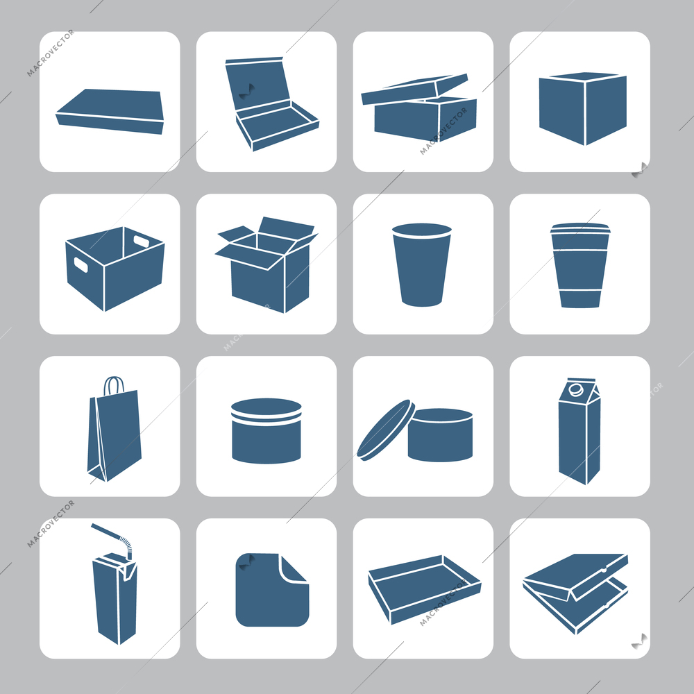 Packaging icons set with plastic and carton delivery boxes containers and cups isolated vector illustration